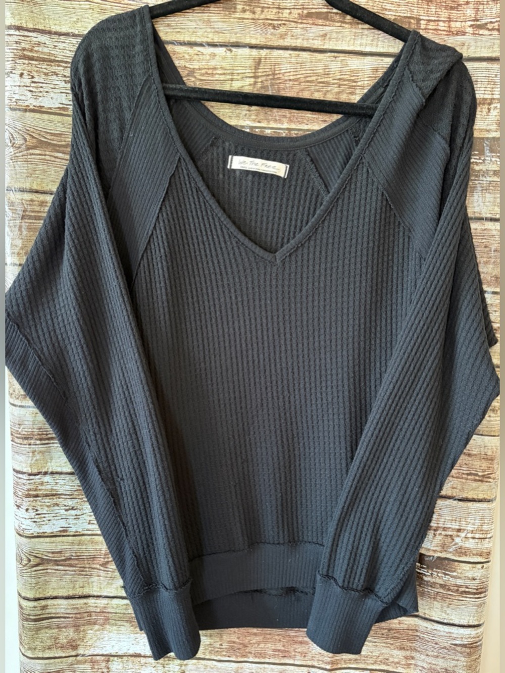 Free People Santa Clara Oversized Black Waffle Knit V-Neck Top Size S